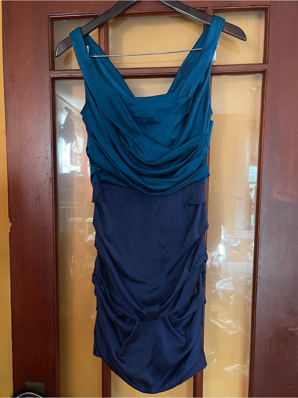 Teal and Navy silk Sleeveless Draped Cocktail Dress early 2000s Express design